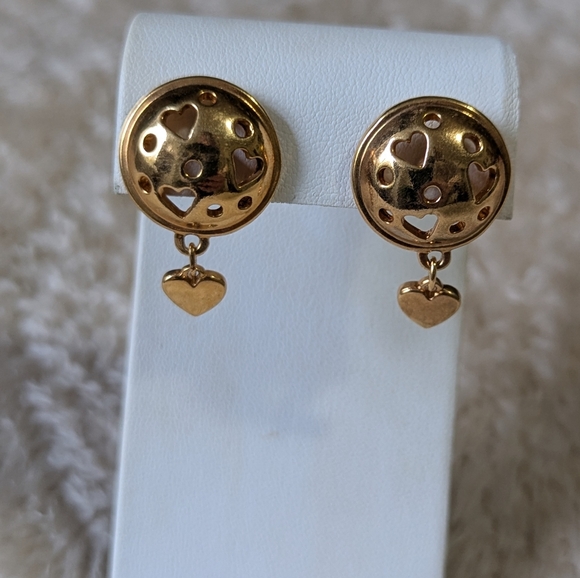 Jewelry - Vintage Goldtone Button with Heart Drop Accent Pierced Earrings